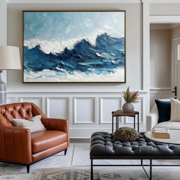 Navy Blue Ocean Wave Painting Rich Plaster Textured Wall Art Blue Ocean Painting Lvingroom Wall Art