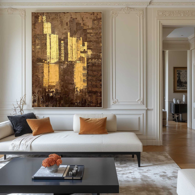 Large Brown Gold Abstract Cityscape Canvas Art Modern Abstract Wall Art City Canvas Art For Sale