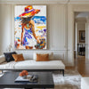 Original Abstract Woman In White Dress Oil Painting,Minimalist Colourful Apartment Decor,Beautiful Girl With A Hat