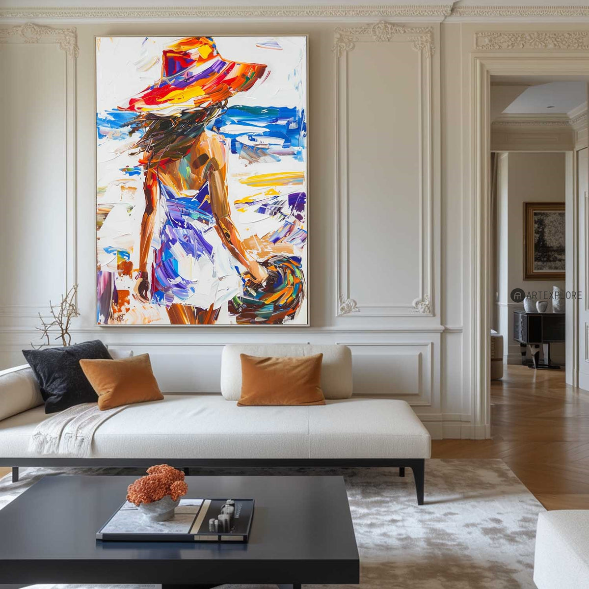 Original Abstract Woman In White Dress Oil Painting,Minimalist Colourful Apartment Decor,Beautiful Girl With A Hat