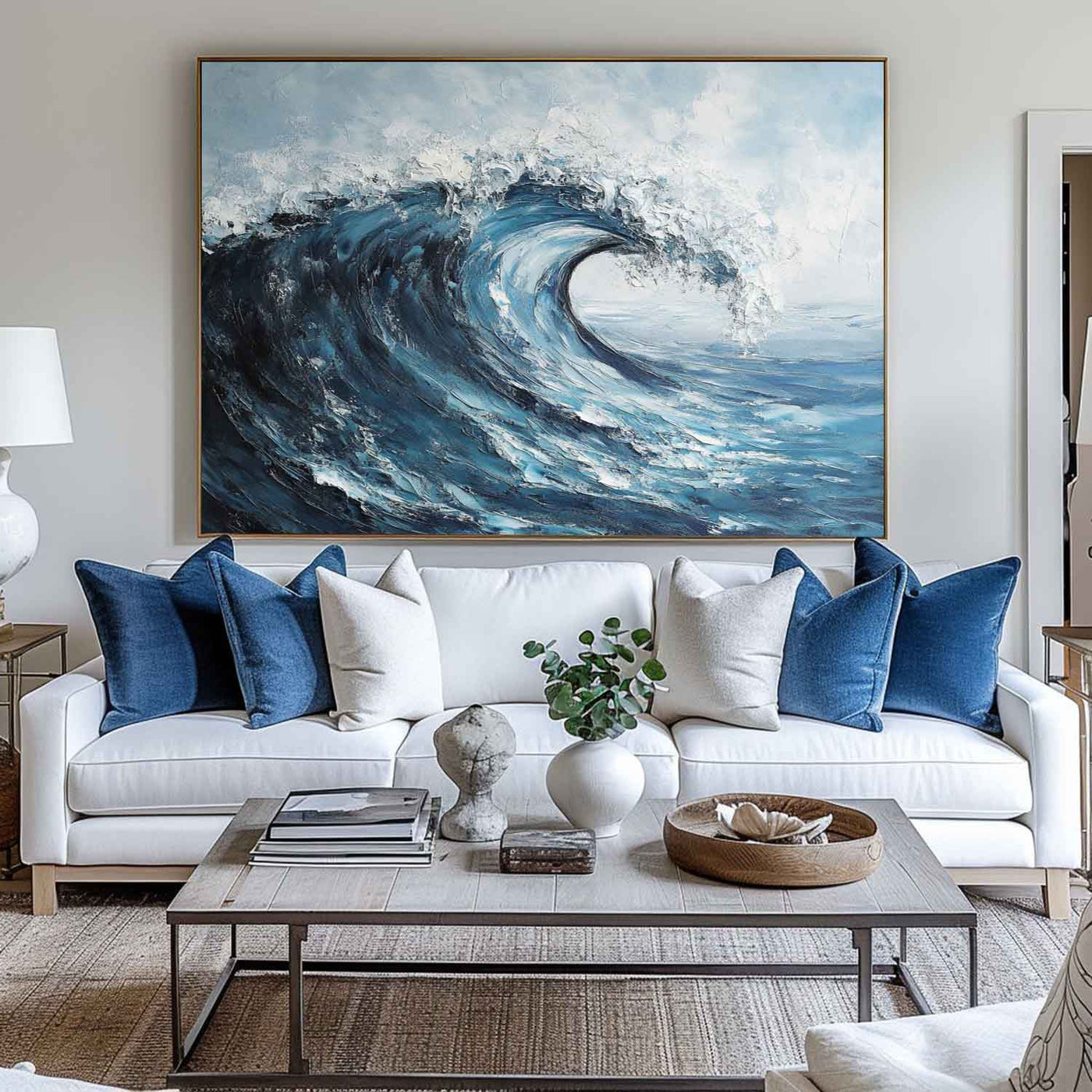 Modern Navy Blue Ocean Wave Painting Large Strokes Texture Wall
