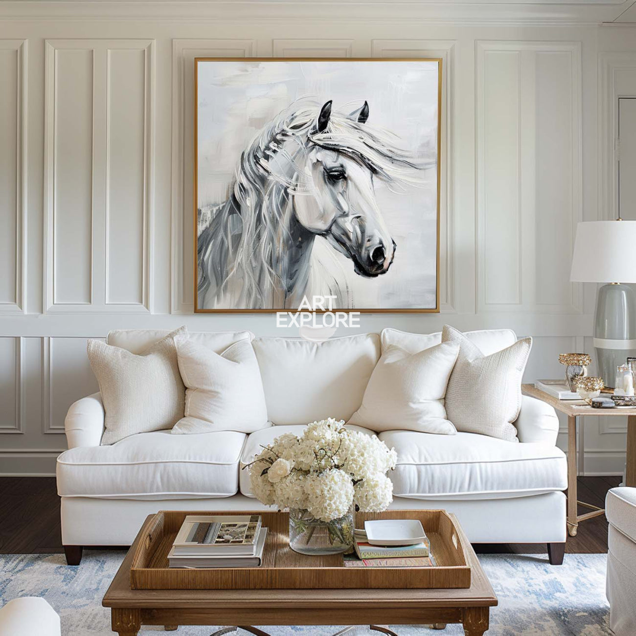 Large White Horse Portrait Wall Art Horse Oil Canvas Art Extra Large White Horse Wall Art For Sale