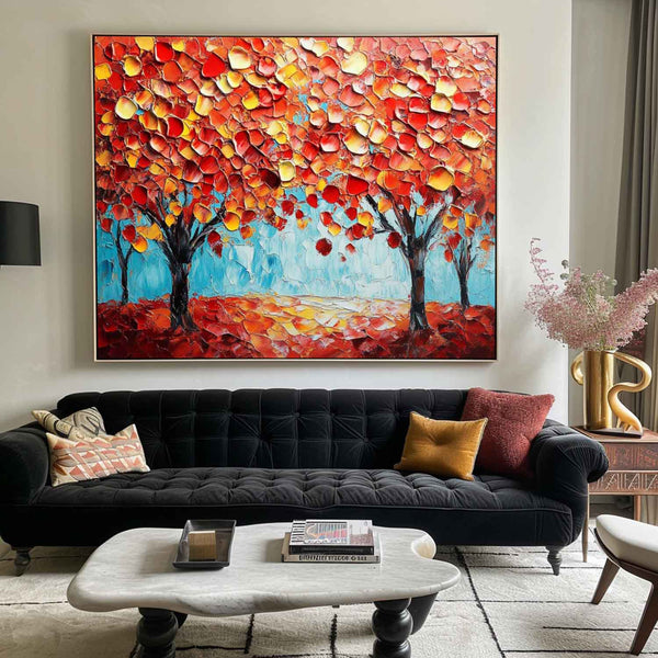 Modern Colorful Textured Painting Large Red Tree Art Painting Minimalist Plaster Wall Art For Sale
