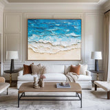Large Ocean Wave Art Painting Horizontal Canvas Blue Plaster Ocean Paintings Rich Textured Wall Art