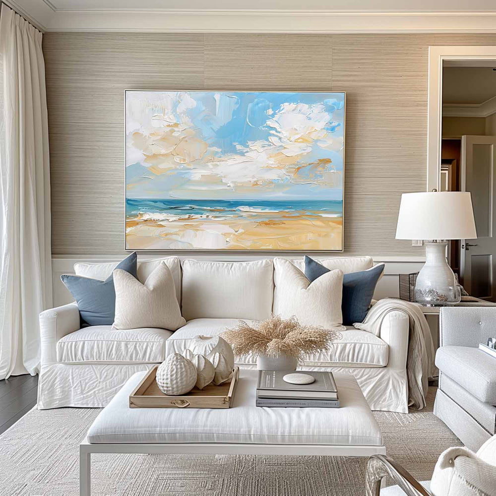 Abstract Blue Beach Canvas Wall Art Original Seascape Acrylic Painting Contemporary Ocean Art