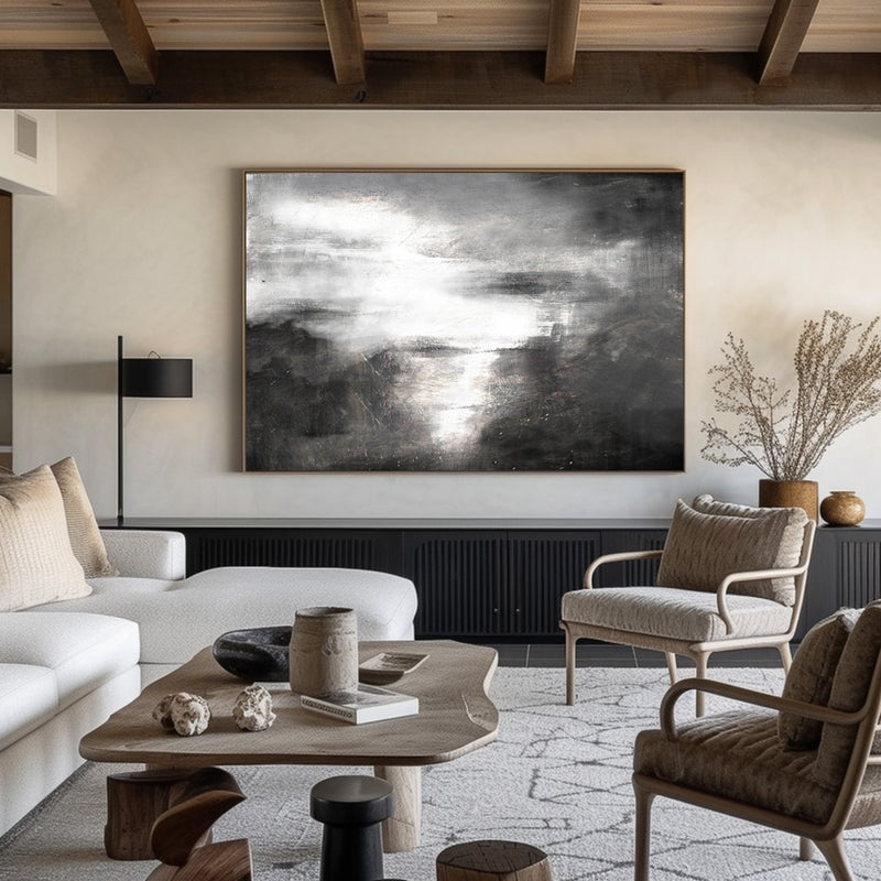 Large Black And White Abstract Coastal Canvas Acrylic Seascape Paintings Modern Landscape Wall Art Abstract Painting For Living Room