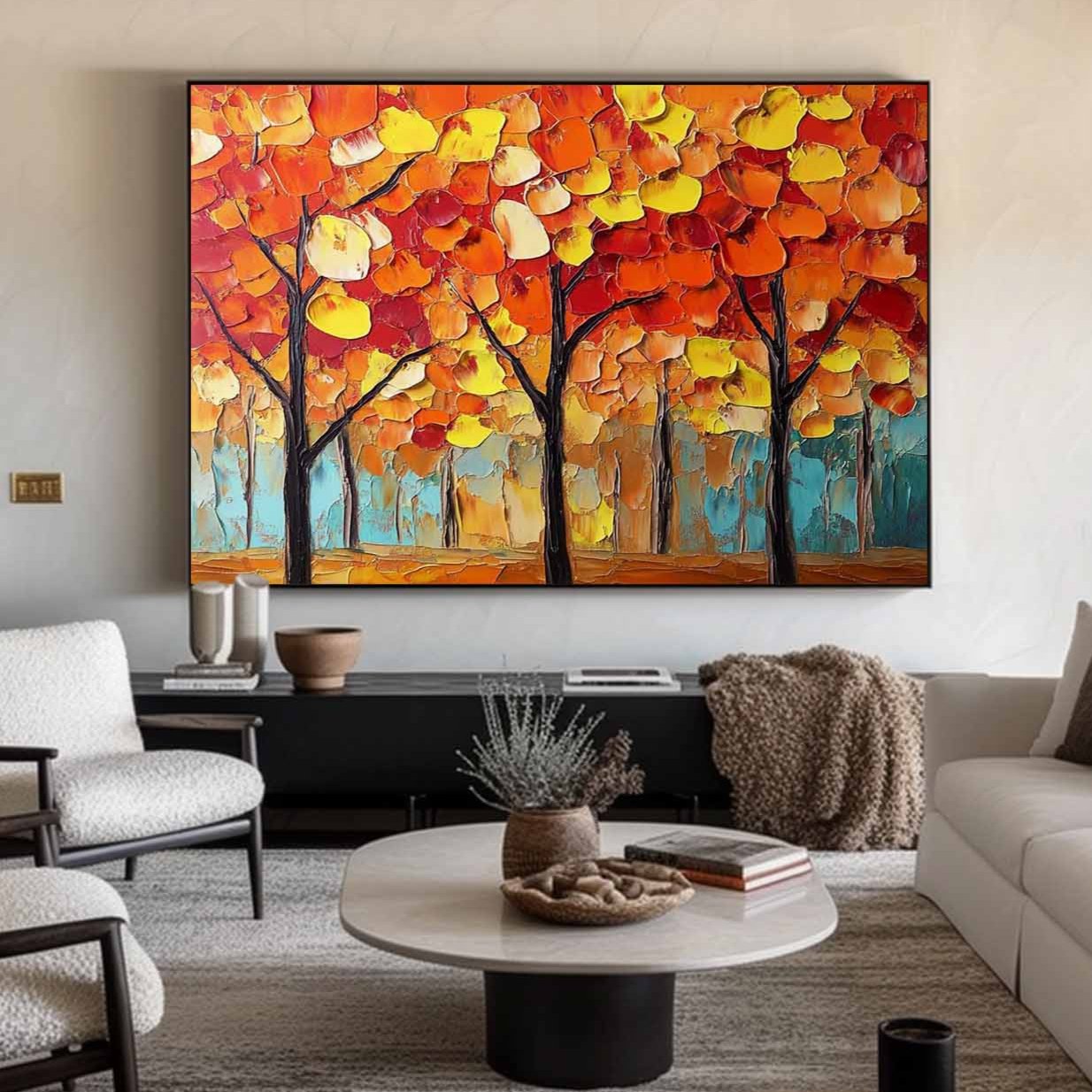 Modern Red Textured Painting Red Trees Painting Handmade Wall Art Minimalist Plaster Wall Art Wall Decor