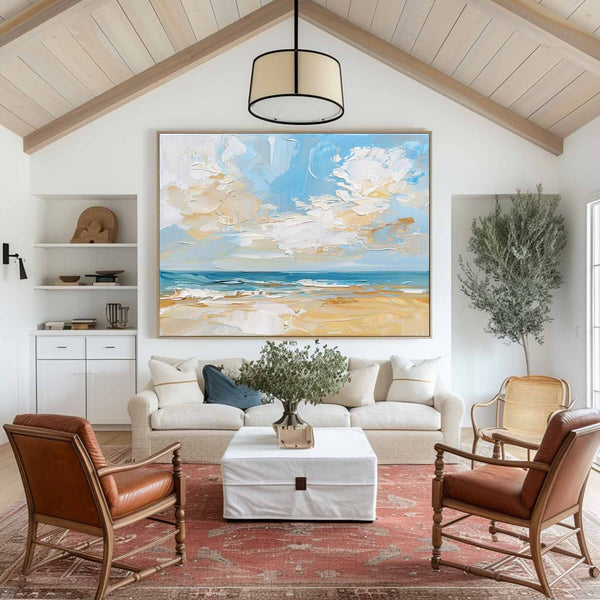 Abstract Blue Beach Canvas Wall Art Original Seascape Acrylic Painting Contemporary Ocean Art