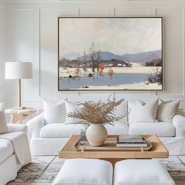 White Winter Scene Snow Tree Rural Landscape Canvas Wall Art Large Snow Landscape Painting For Sale