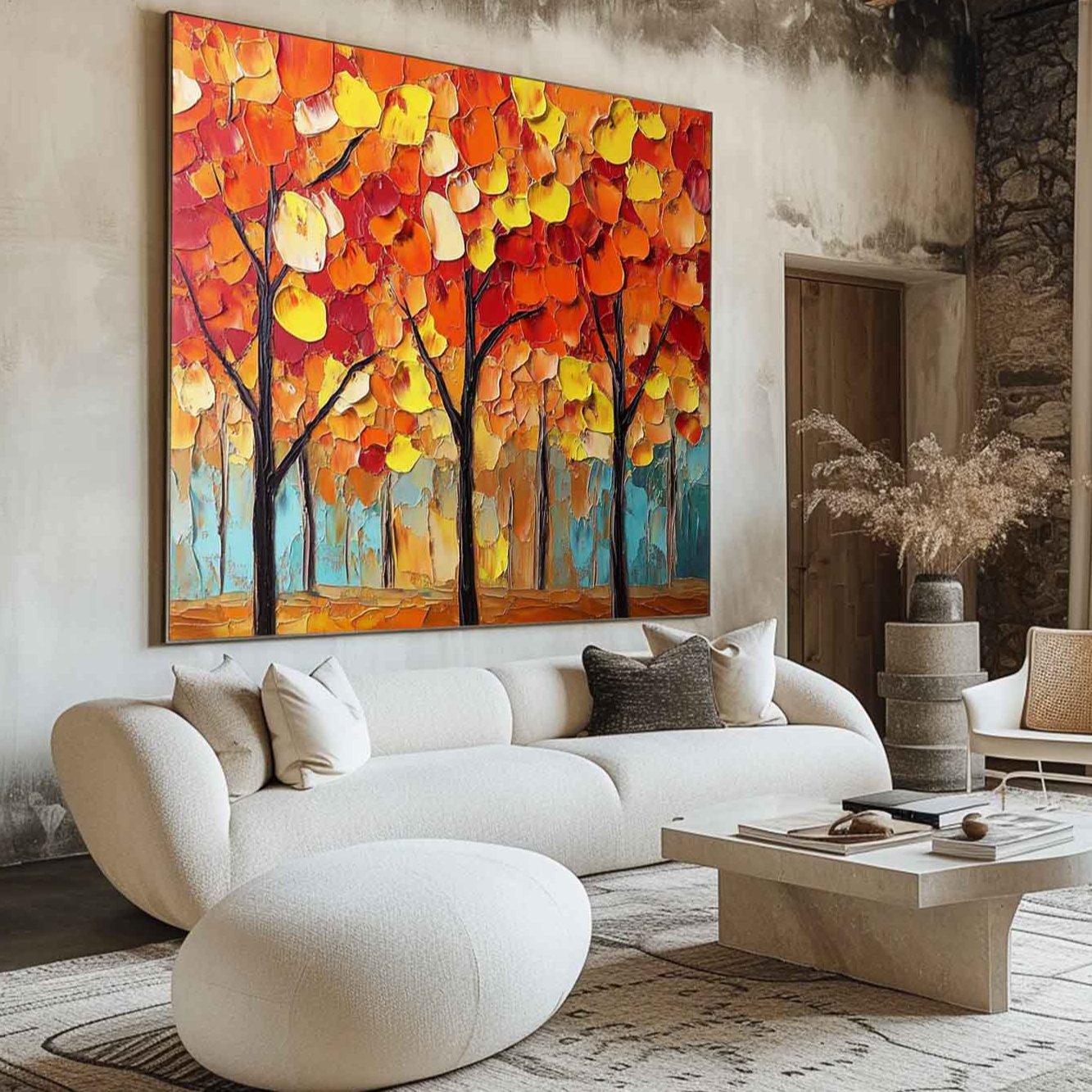 Modern Red Textured Painting Red Trees Painting Handmade Wall Art Minimalist Plaster Wall Art Wall Decor