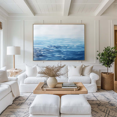 Large Blue Wave Art Oil Painting Horizontal Canvas Blue Ocean Paintings For Sale