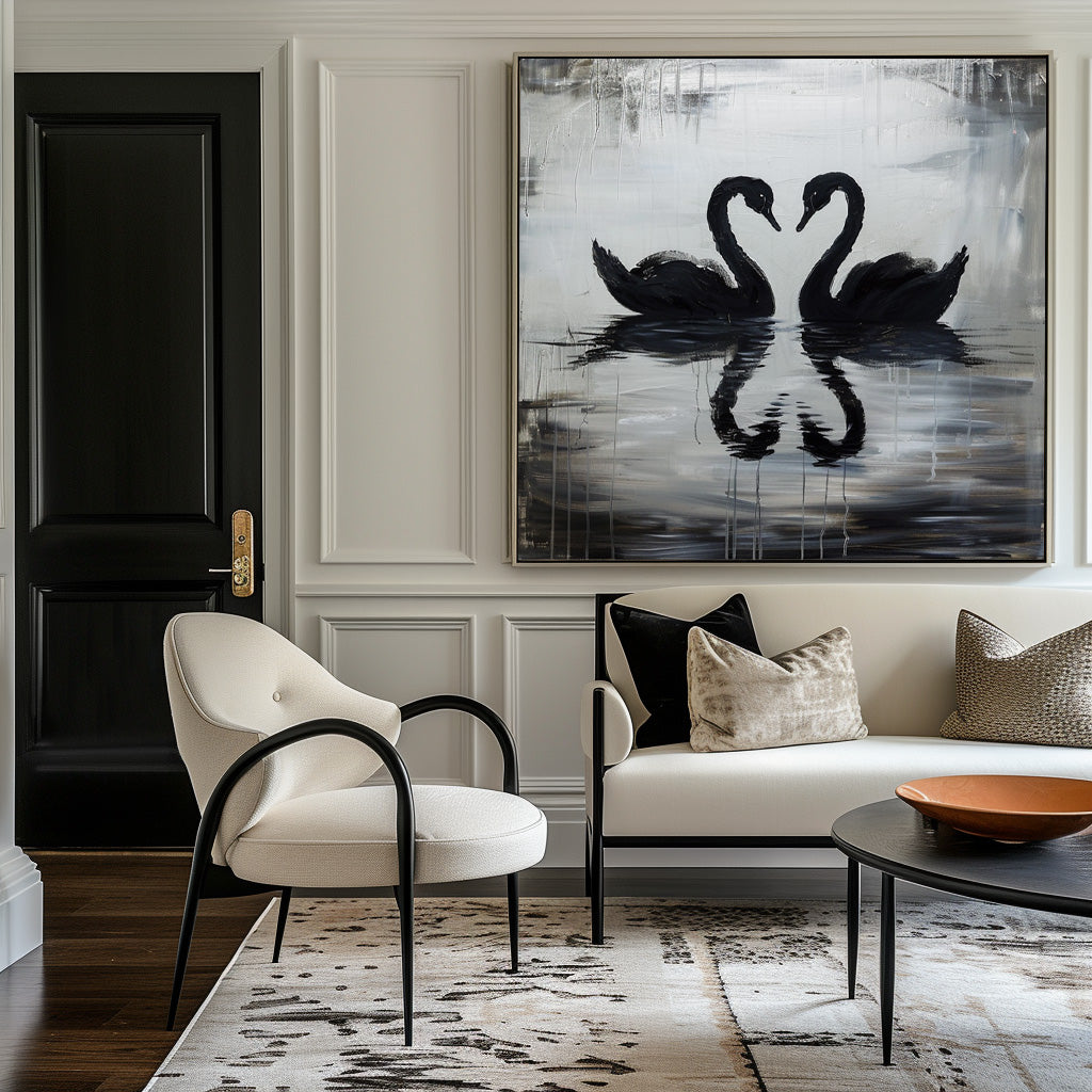 Abstract Original Black Swan on Canvas Painting Large Canvas Art Minimalist Plaster Art Wall Decor