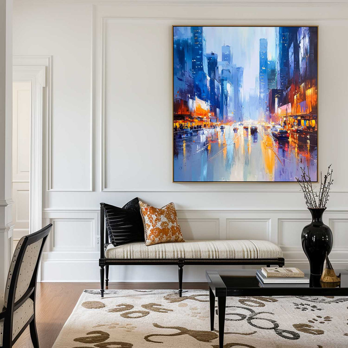 Modern Blue Urban Canvas Wall Art Rich Textured Acrylic Cityscape Canvas Art For Livingroom