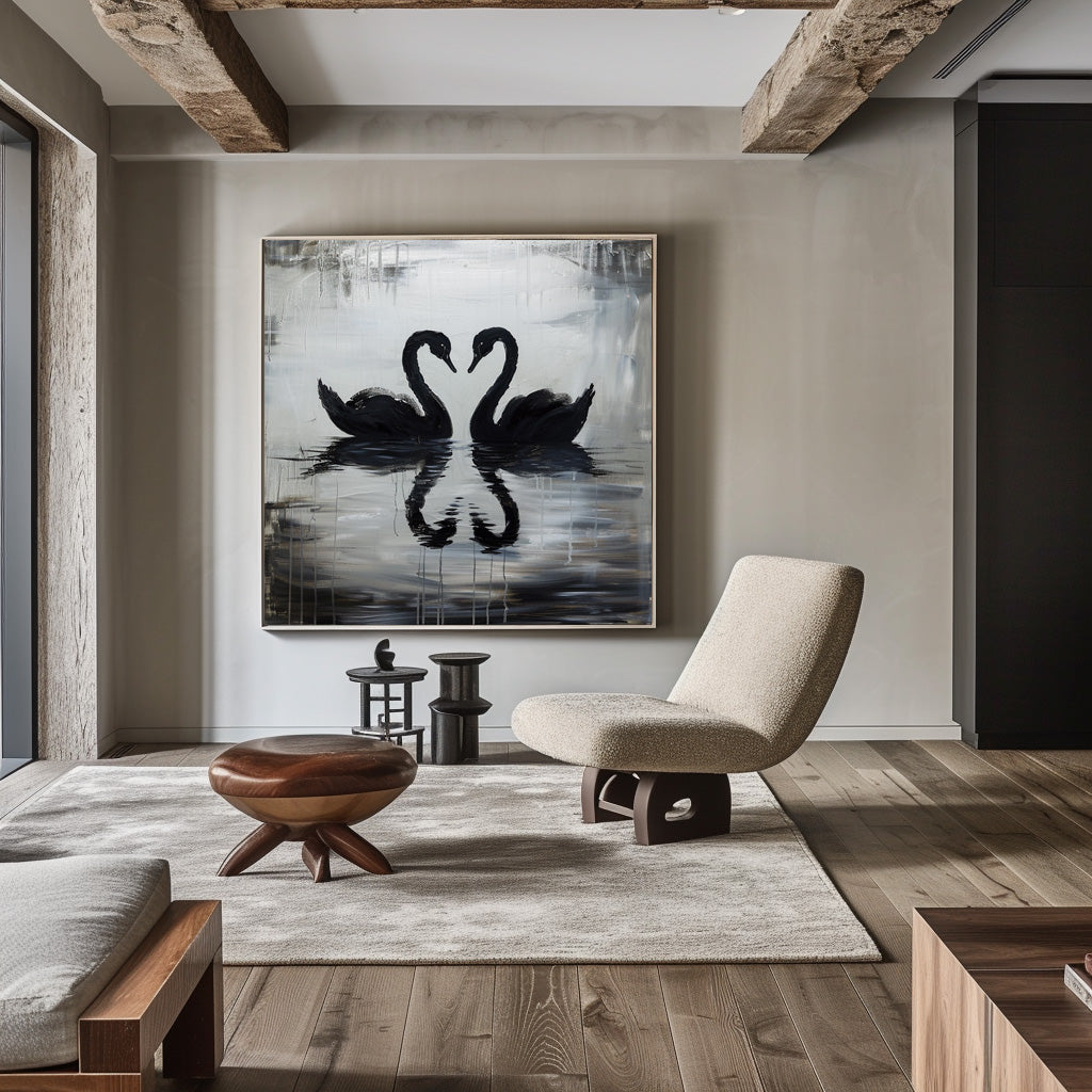 Abstract Original Black Swan on Canvas Painting Large Canvas Art Minimalist Plaster Art Wall Decor