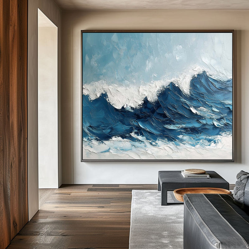 Navy Blue Ocean Wave Painting Rich Plaster Textured Wall Art Blue Ocean Painting Lvingroom Wall Art