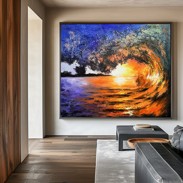 Big Sunset And Wave Landscape Acrylic Painting On Canvas Large Sunset Canvas Art Huge Ocean Wave Art For Living Room Decor