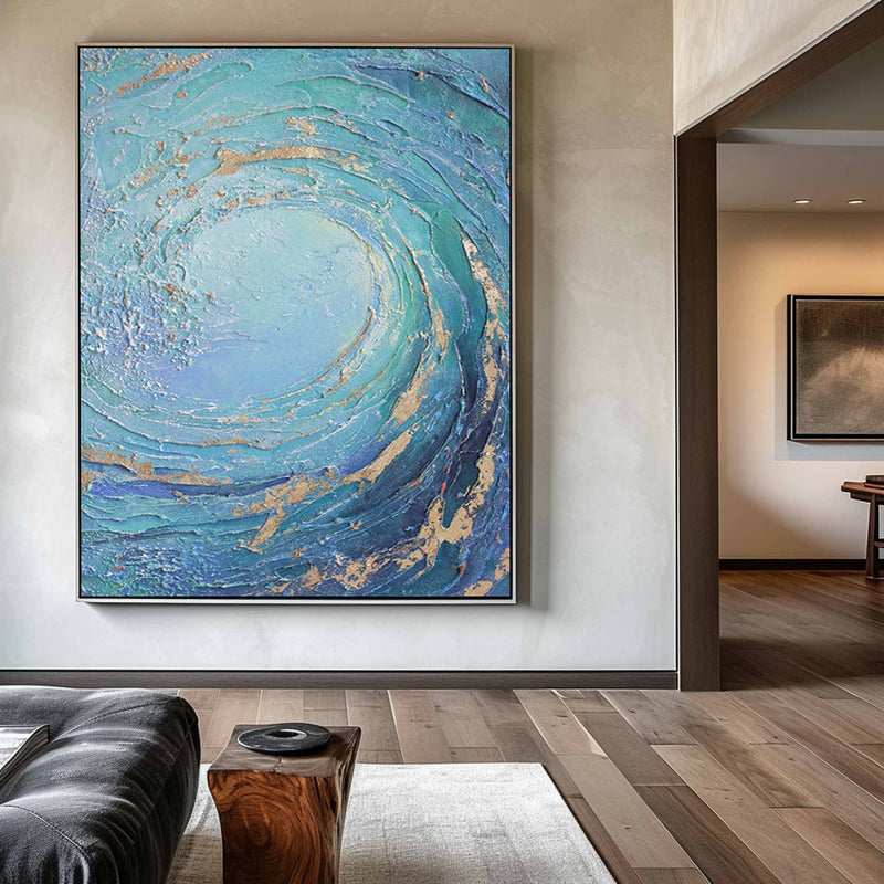 Blue Huge Wave Oil Painting On Canvas Large Abstract Ocean Wall Art Ocean Wave Painting Acrylic Textured Art Blue And Gold Abstract Painting