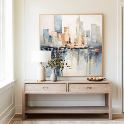 Modern Blue Skyline Canvas Wall Art Abstract Painting With Acrylic Cityscape Canvas Art Large city painting