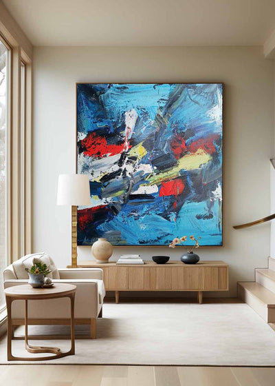 Blue Bauhaus Painting Modern Large Blue Square Abstract Wall Art Canvas Wall Art For Livingroom
