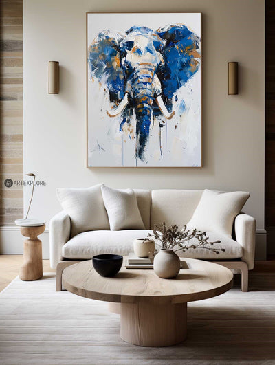 Modern Animal Elephant Canvas Painting Blue Elephant Abstract Painting Wall Art For Home Decor