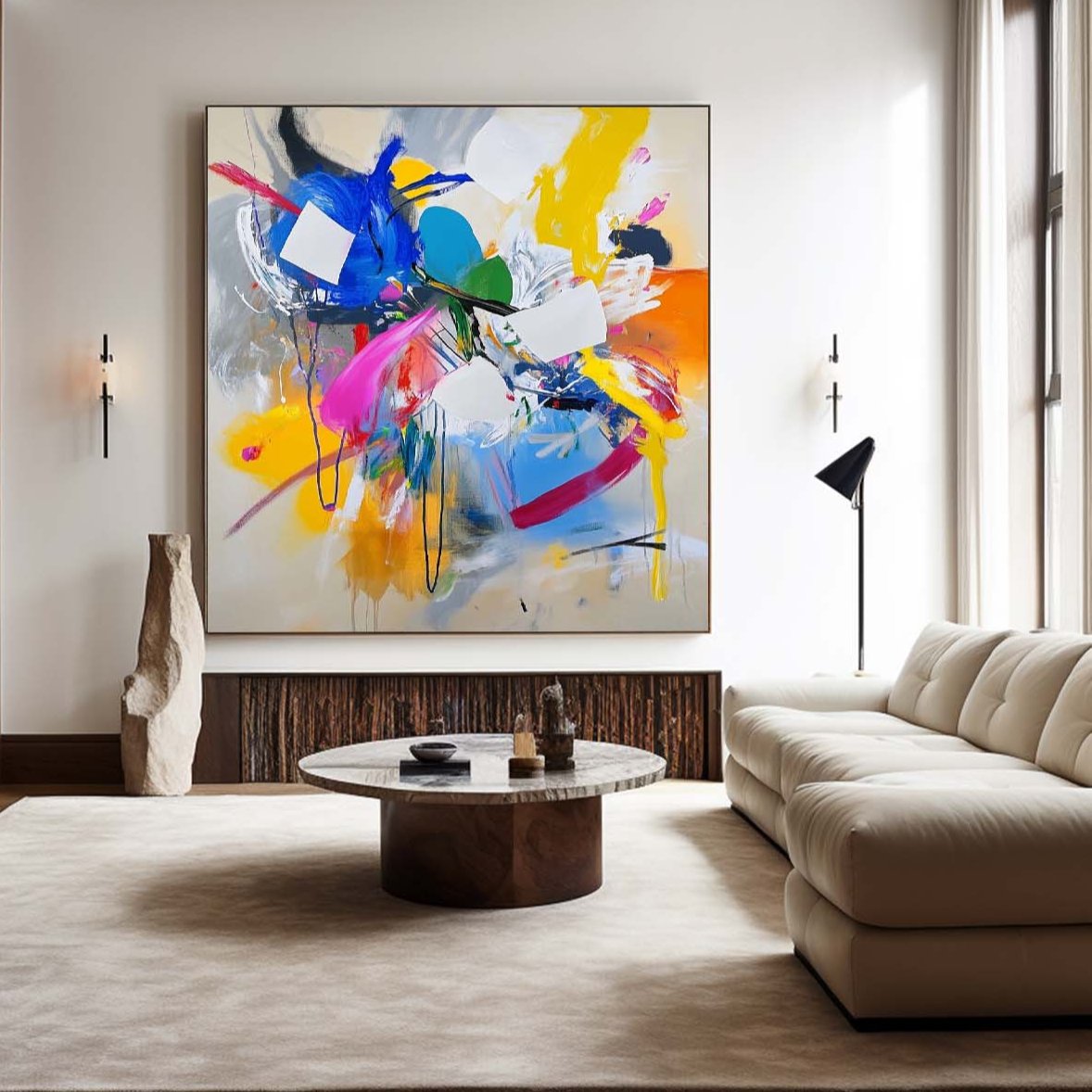 Colorful Bauhaus Painting Square Abstract Bauhaus Wall Art Rich Textured Canvas Art For Livingroom