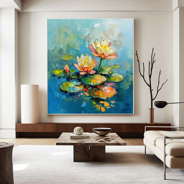 Green Pond Painting Beautiful Lotus Plaster Painting Rich Textured Artworks Canvas Art For Livingroom