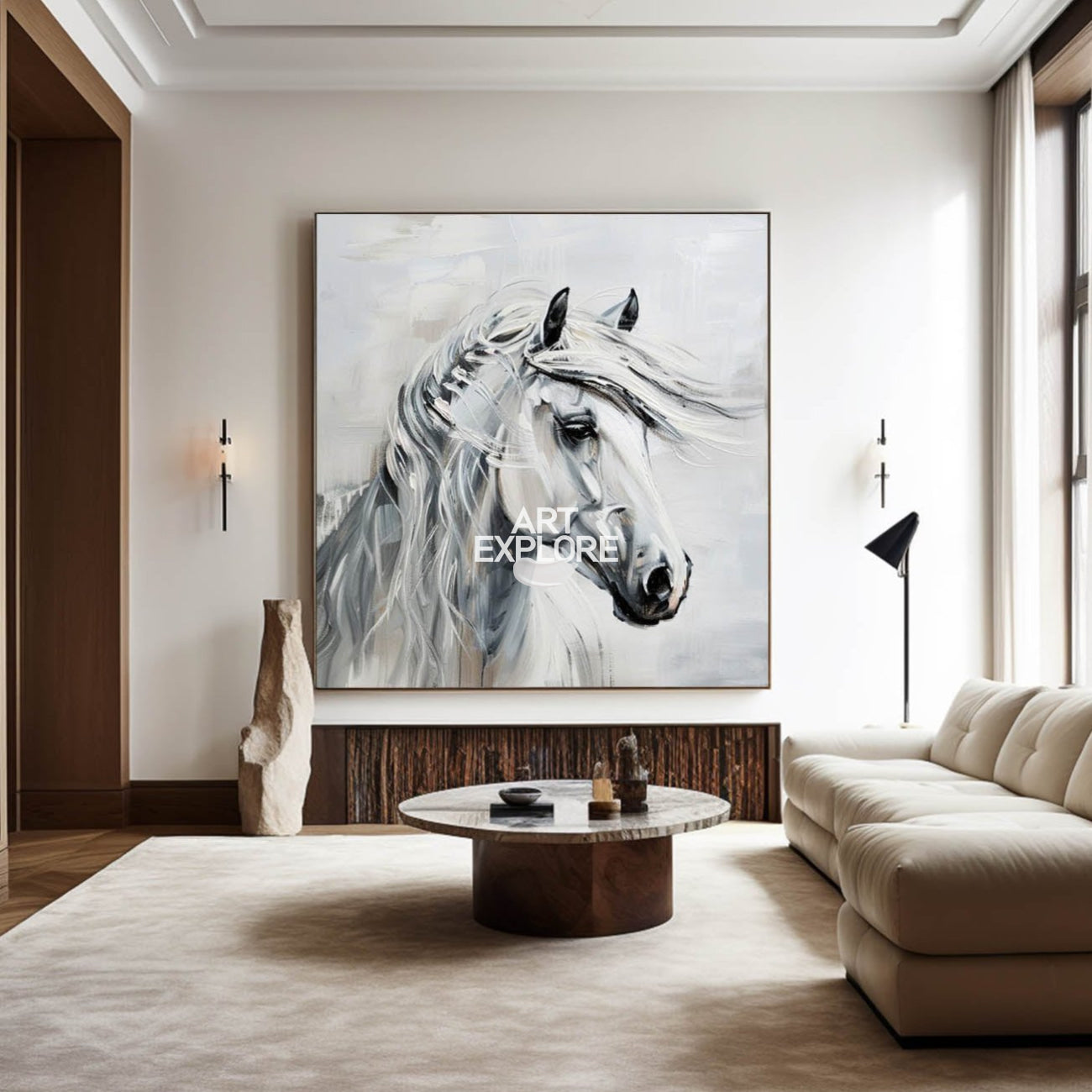 Large White Horse Portrait Wall Art Horse Oil Canvas Art Extra Large White Horse Wall Art For Sale