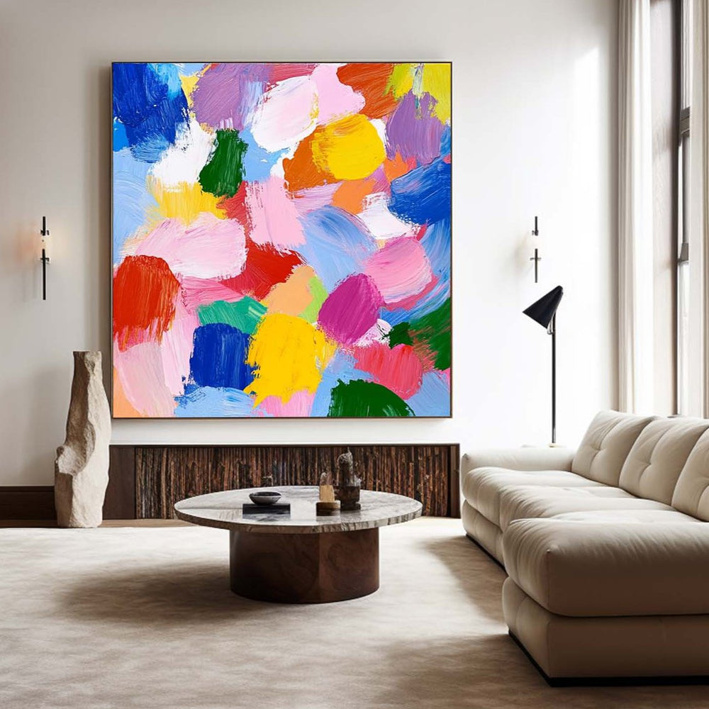 Large Colorful Bauhaus Painting Square Abstract Wall Art Rich Textured Canvas Art For Livingroom