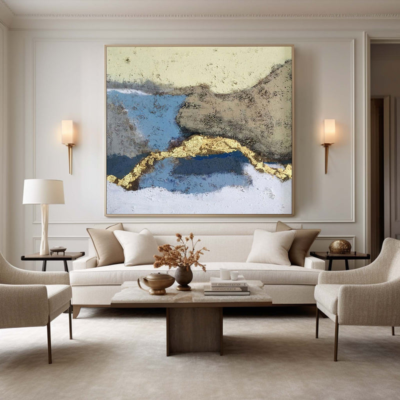 Abstract Landscape Art White Gold Wall Decor For Living Room