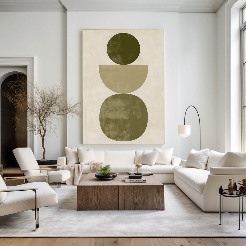 Large Beige And Green Abstract Painting Geometric Art Painting Modern Nordic Style On Canvas