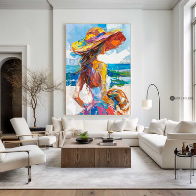 Girl On The Ocean Abstract Oil Painting, Joyful Woman At A Hawaiian Beach Art, Unique Colorful Art