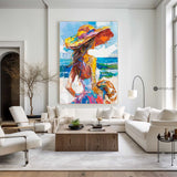 Girl On The Ocean Abstract Oil Painting, Joyful Woman At A Hawaiian Beach Art, Unique Colorful Art