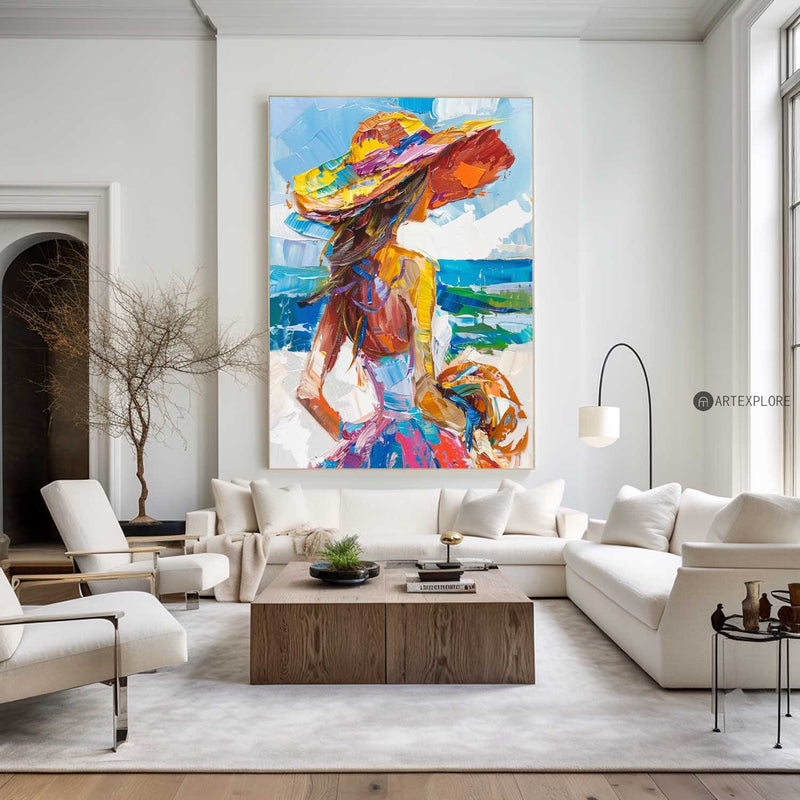 Girl On The Ocean Abstract Oil Painting, Joyful Woman At A Hawaiian Beach Art, Unique Colorful Art