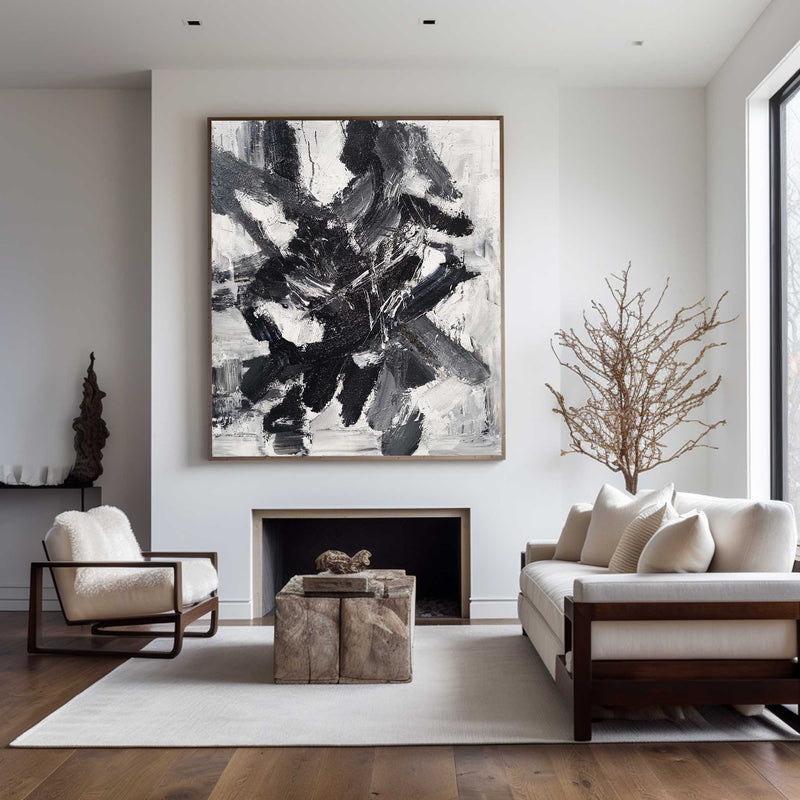 Large Black And White Canvas Art Framed Textured Abstract Painting Modern Abstract Wall Art