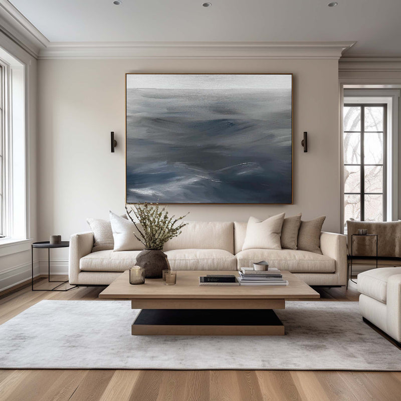 Modern Blue Grey Abstract Wall Art Livingroom Canvas Wall Art Large Acrylic Painting For Sale