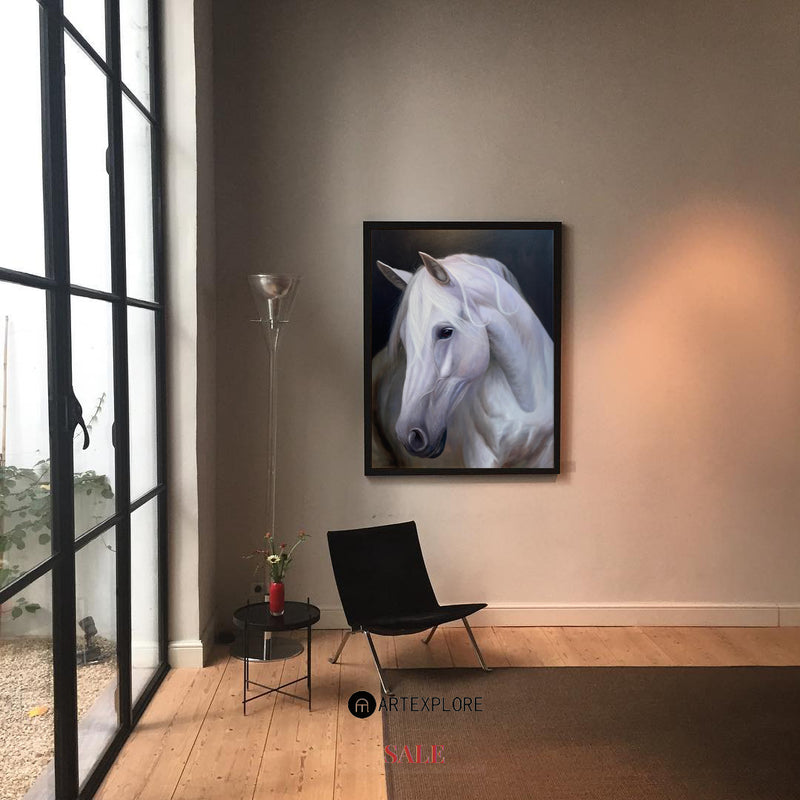 Modern White Horse Oil Painting Wild Horse Wall Art Black And White Steed Artworks