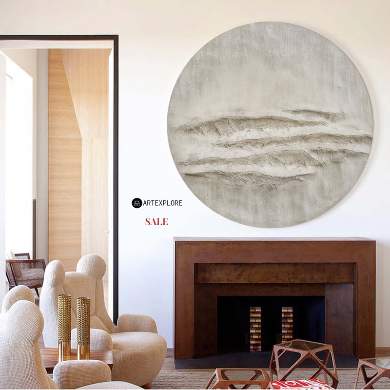 Modern Abstract Art White Textured Canvas Painting Circular Wall Art Wabi-sabi Painting For Sale