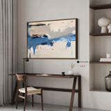 Large Blue Plaster Abstract Painting Minimalist Rich Textured Painting Horizontal Framed Painting
