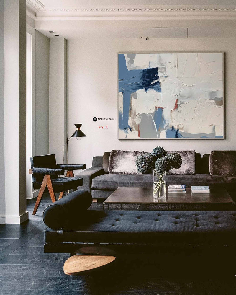 Modern Plaster Blue Textured Wall Art Large White Blue Minimalist Canvas Abstract Painting For Sale
