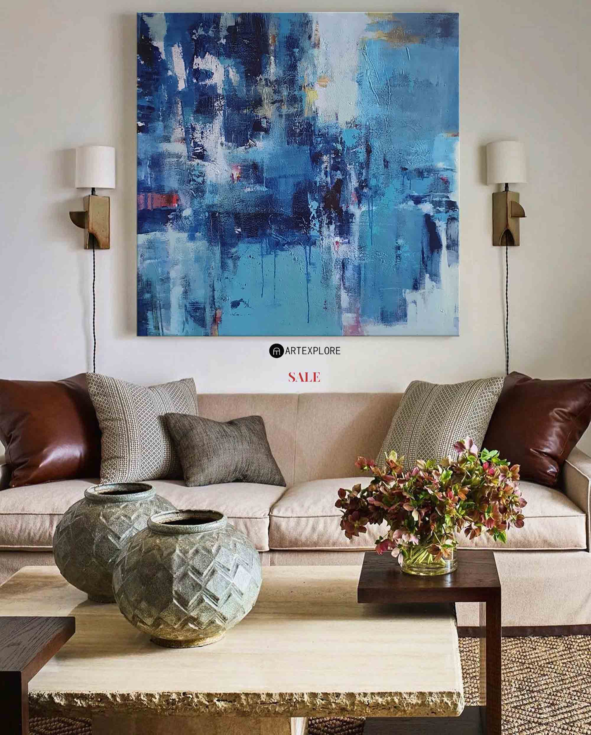 Large Blue Square Abstract Art Modern Blue Painting Abstract Framed Canvas Painting 