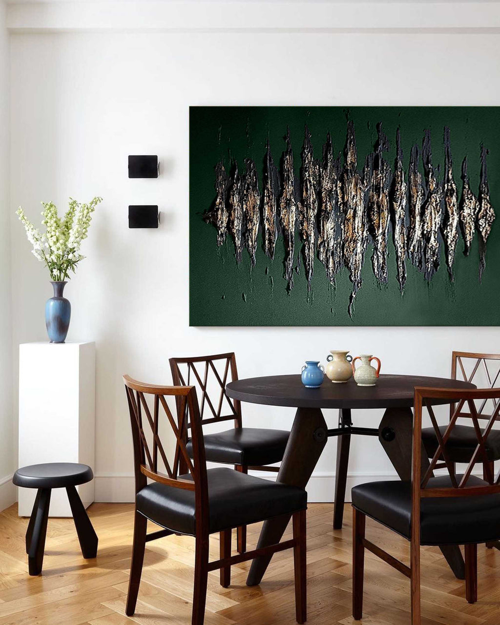 Green And Gold Abstract Painting Plaster Canvas Wall Art Modern