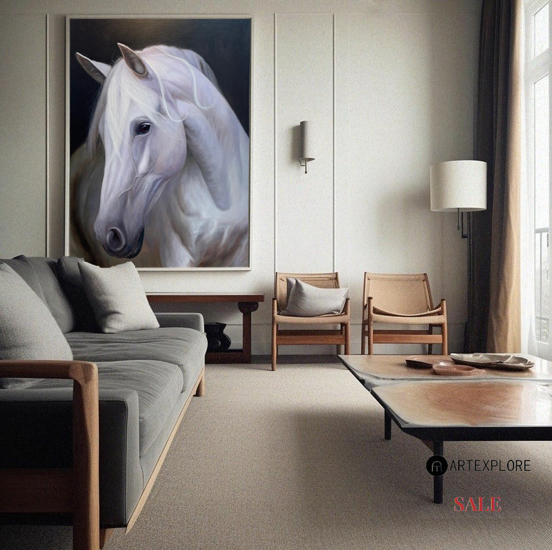 Modern White Horse Oil Painting Wild Horse Wall Art Black And White Steed Artworks