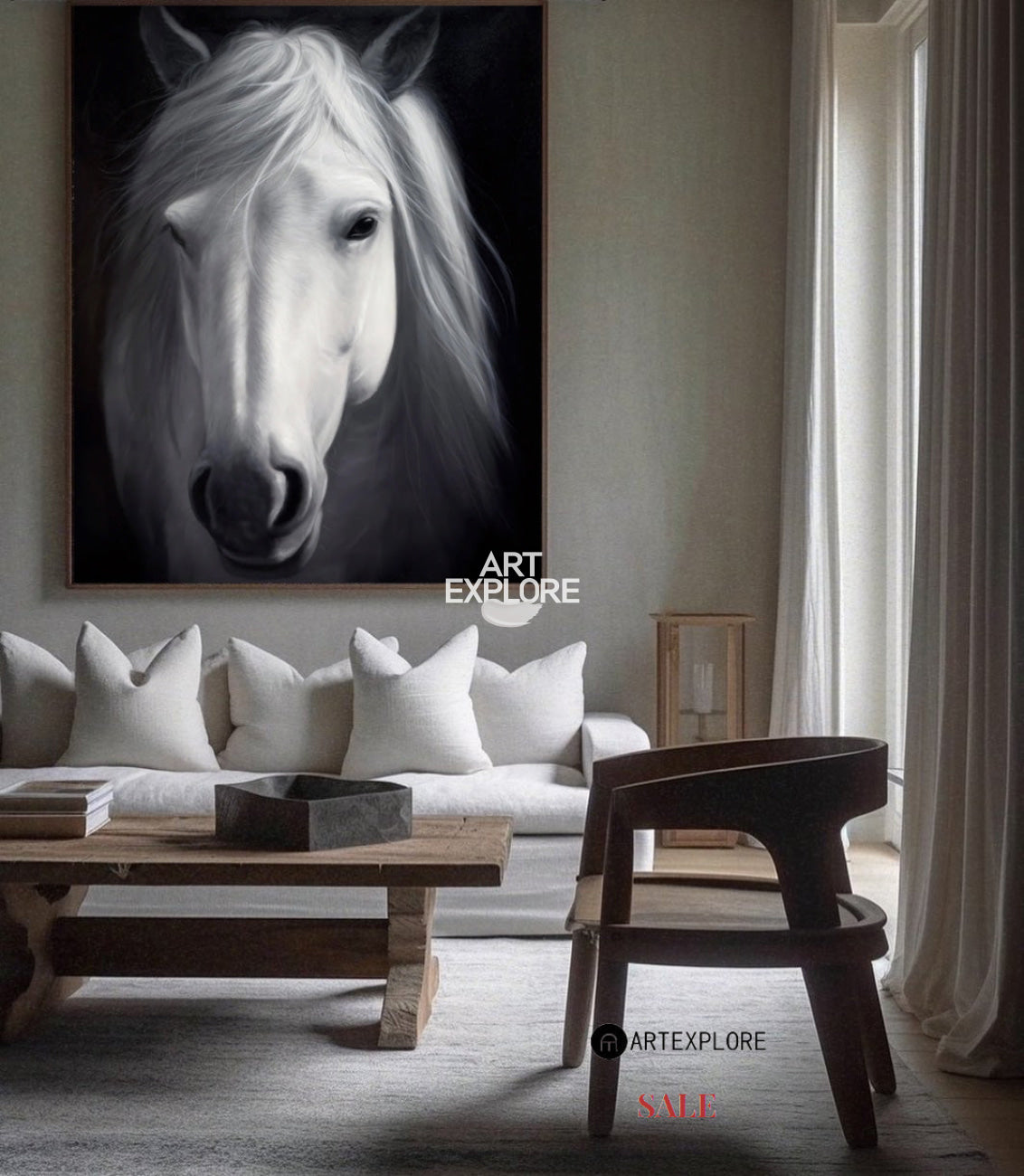 Large White Horse Painting Black and White Horse Canvas Wall Art Modern Horse Art For Sale