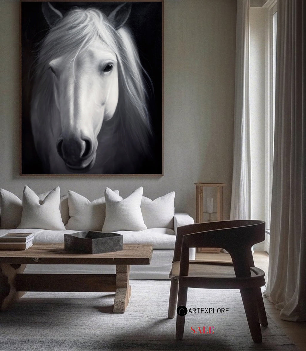 Large White Horse Painting Black and White Horse Canvas Wall Art Modern