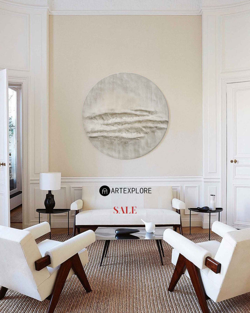 Modern Abstract Art White Textured Canvas Painting Circular Wall Art Wabi-sabi Painting For Sale