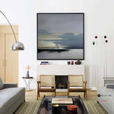 Modern Abstract Landscape Painting Blue Square Canvas Art Rich Textured Canvas Painting