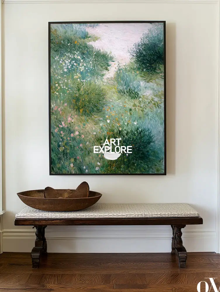Modern Green Garden Oil Painting | Minimalist Vertical Canvas Decor | ArtExplore