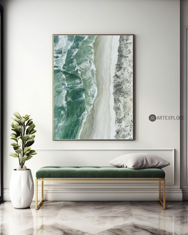 Green Seascape Wall Art Livingroom Canvas Wall Art Sea Shore Acrylic Abstract Painting For Sale