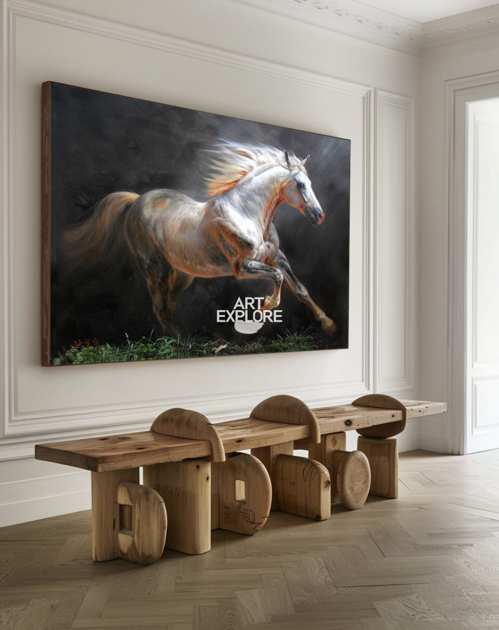 Modern Oil White Horse Painting Wild Horse Canvas Wall Art Running ...