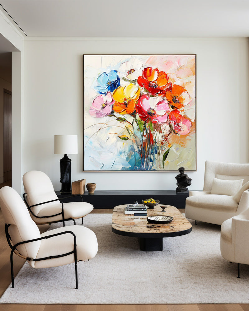 Modern Flowers Wall Art Large Colourful Painting Minimalist Apartment Decor